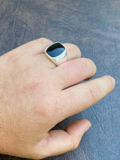 Italiano Silver, Inc Real Solid 925 Sterling Silver Black Onyx Natural Stone Mens Signet Plain Ring
