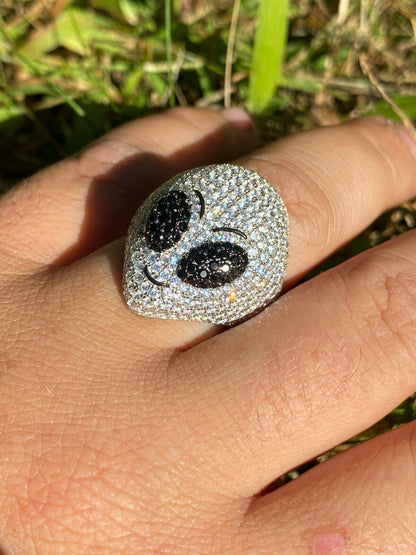 Italiano Silver, Inc Real Solid 925 Sterling Silver Hip Hop Alien Head Emoji Mens Iced Diamond Ring