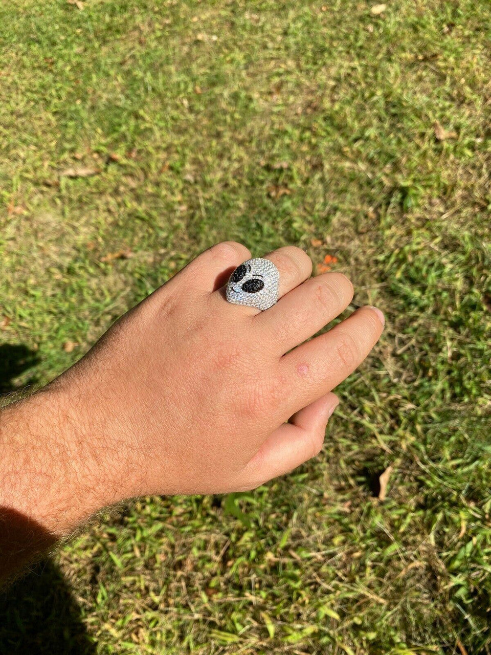 Italiano Silver, Inc Real Solid 925 Sterling Silver Hip Hop Alien Head Emoji Mens Iced Diamond Ring