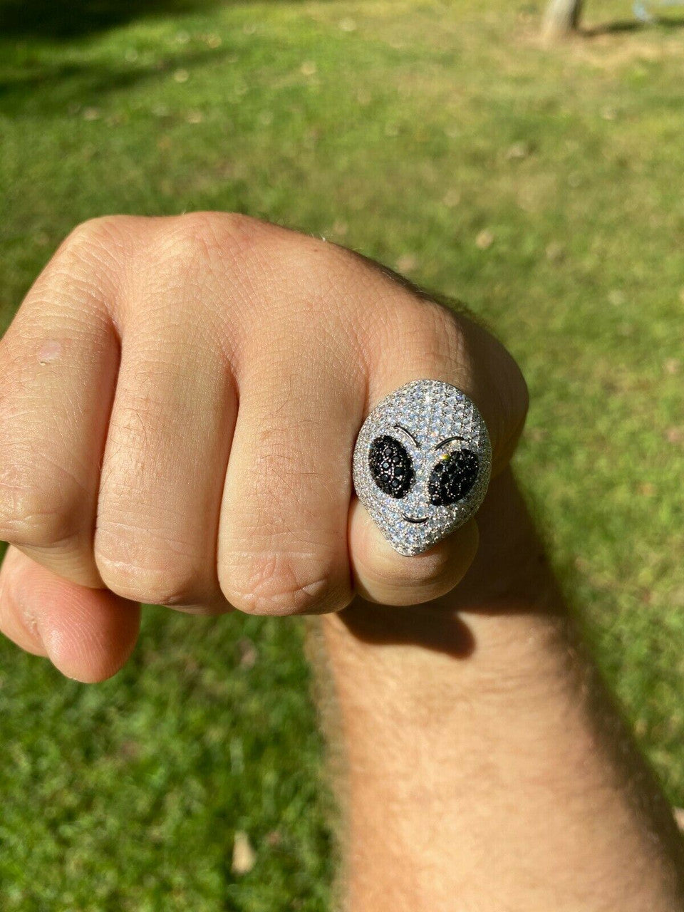 Italiano Silver, Inc Real Solid 925 Sterling Silver Hip Hop Alien Head Emoji Mens Iced Diamond Ring