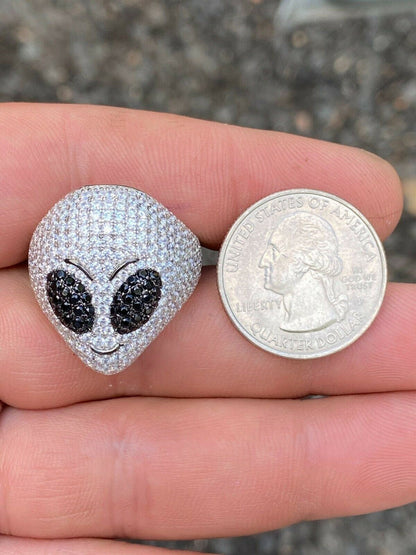 Italiano Silver, Inc Real Solid 925 Sterling Silver Hip Hop Alien Head Emoji Mens Iced Diamond Ring