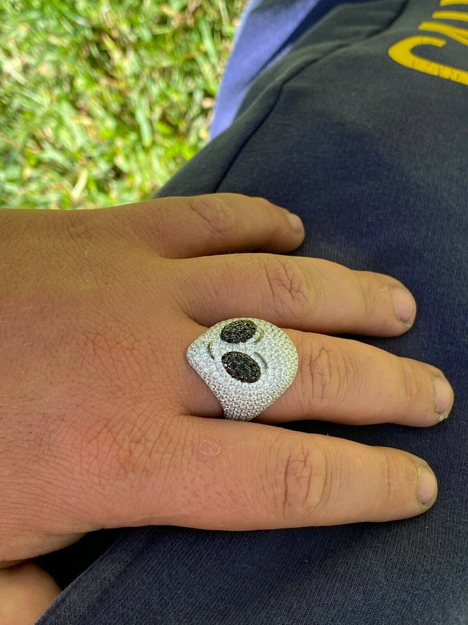 Italiano Silver, Inc Real Solid 925 Sterling Silver Hip Hop Alien Head Emoji Mens Iced Diamond Ring