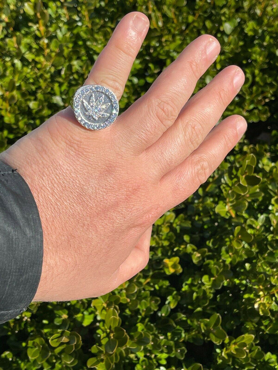 Italiano Silver, Inc Real Solid 925 Sterling Silver Iced Weed Marijuana Leaf Ring Flooded Out Hip Hop