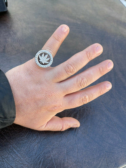 Italiano Silver, Inc Real Solid 925 Sterling Silver Iced Weed Marijuana Leaf Ring Flooded Out Hip Hop