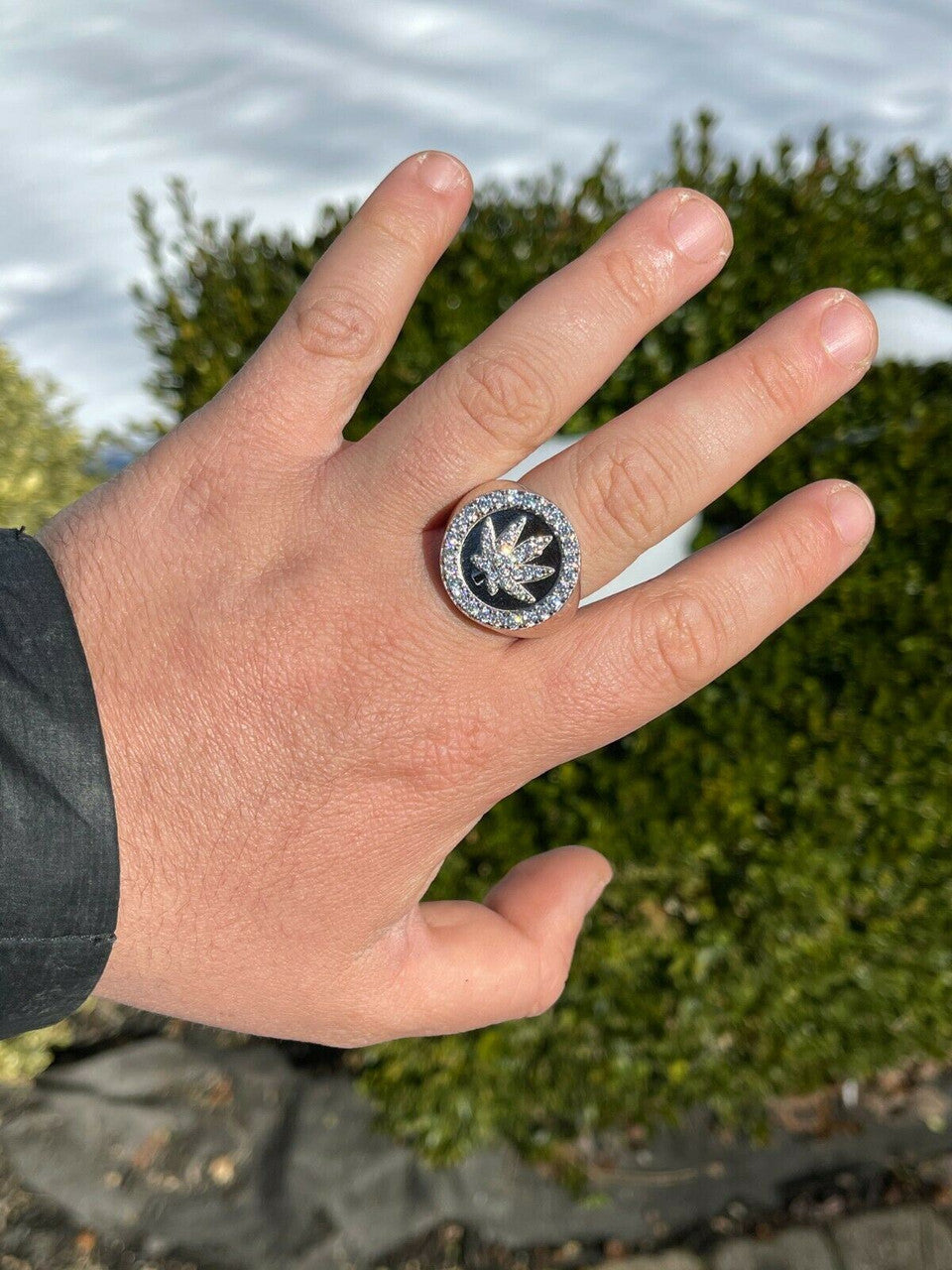 Italiano Silver, Inc Real Solid 925 Sterling Silver Iced Weed Marijuana Leaf Ring Flooded Out Hip Hop