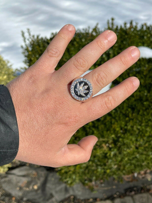 Italiano Silver, Inc Real Solid 925 Sterling Silver Iced Weed Marijuana Leaf Ring Flooded Out Hip Hop