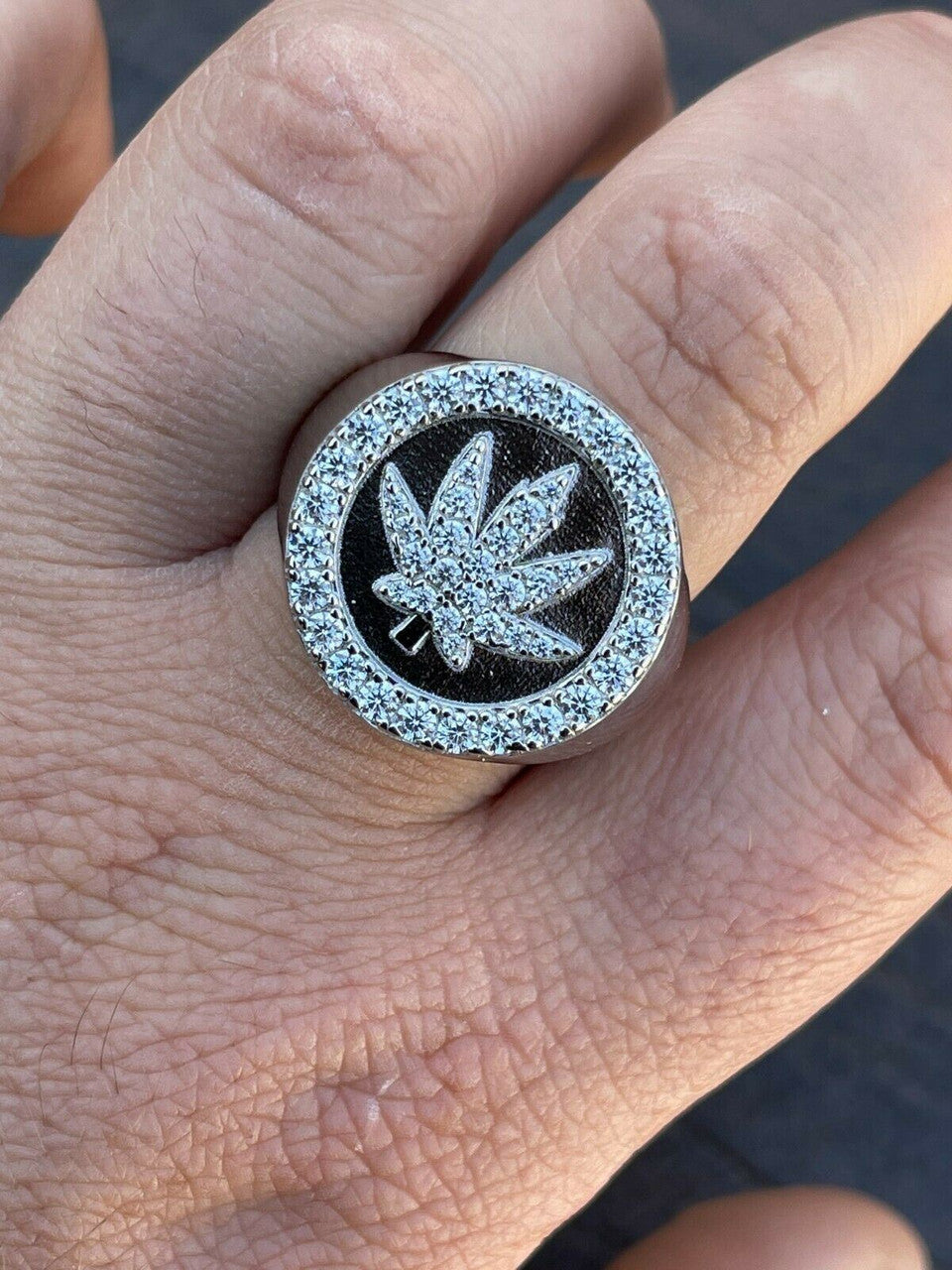 Italiano Silver, Inc Real Solid 925 Sterling Silver Iced Weed Marijuana Leaf Ring Flooded Out Hip Hop