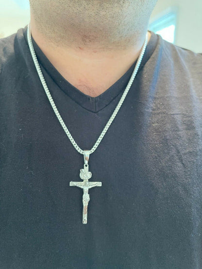 Italiano Silver, Inc Real Solid 925 Sterling Silver Mens Cross Jesus Piece Crucifix Pendant Necklace