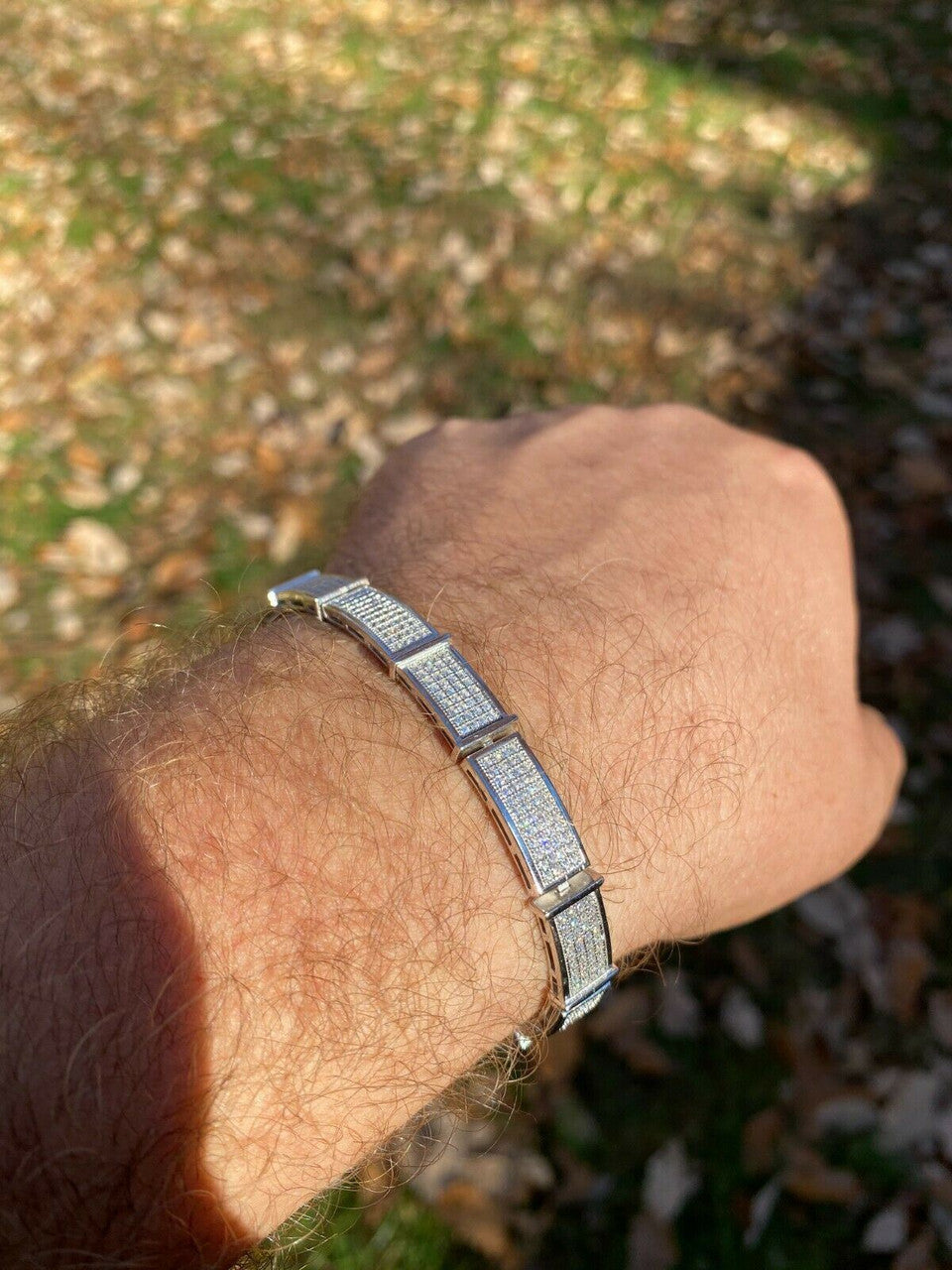 Italiano Silver, Inc Real Solid 925 Sterling Silver Mens Iced Flooded Out Bracelet Diamond Hip Hop