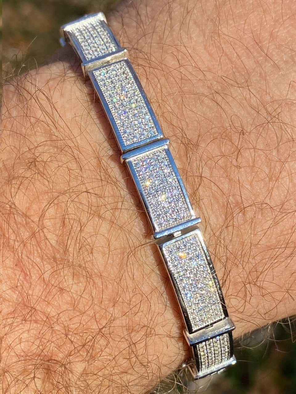 Italiano Silver, Inc Real Solid 925 Sterling Silver Mens Iced Flooded Out Bracelet Diamond Hip Hop