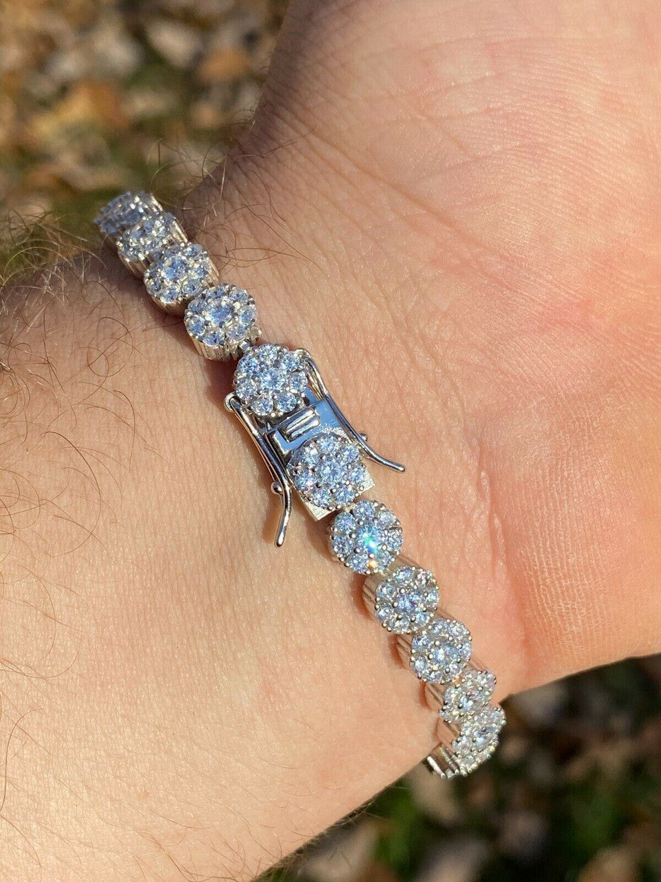 Italiano Silver, Inc Real Solid 925 Sterling Silver Mens Iced Flooded Out Cluster Tennis Bracelet 7mm