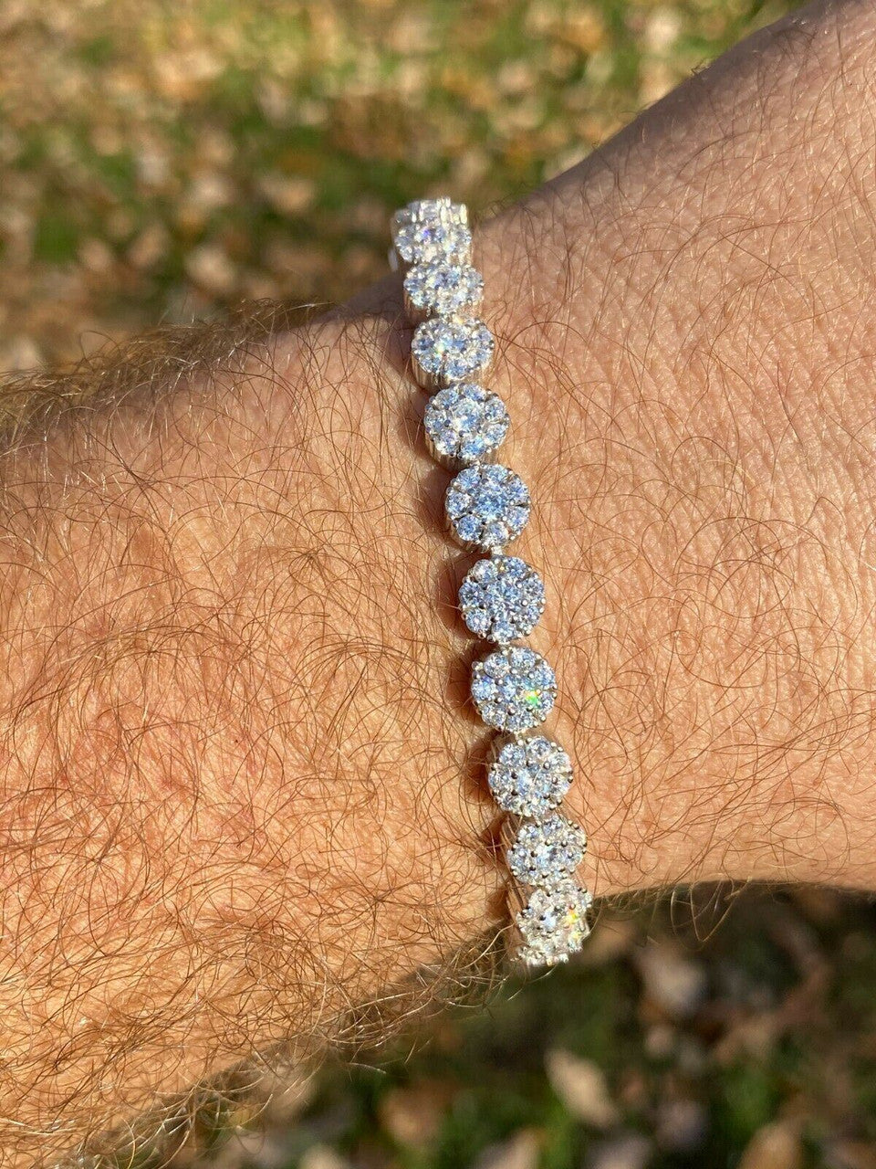 Italiano Silver, Inc Real Solid 925 Sterling Silver Mens Iced Flooded Out Cluster Tennis Bracelet 7mm