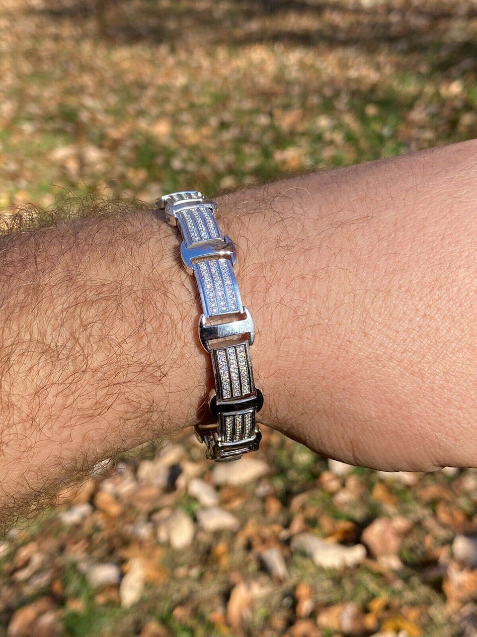 Italiano Silver, Inc Real Solid 925 Sterling Silver Mens Iced Presidential Bracelet Diamond Hip Hop