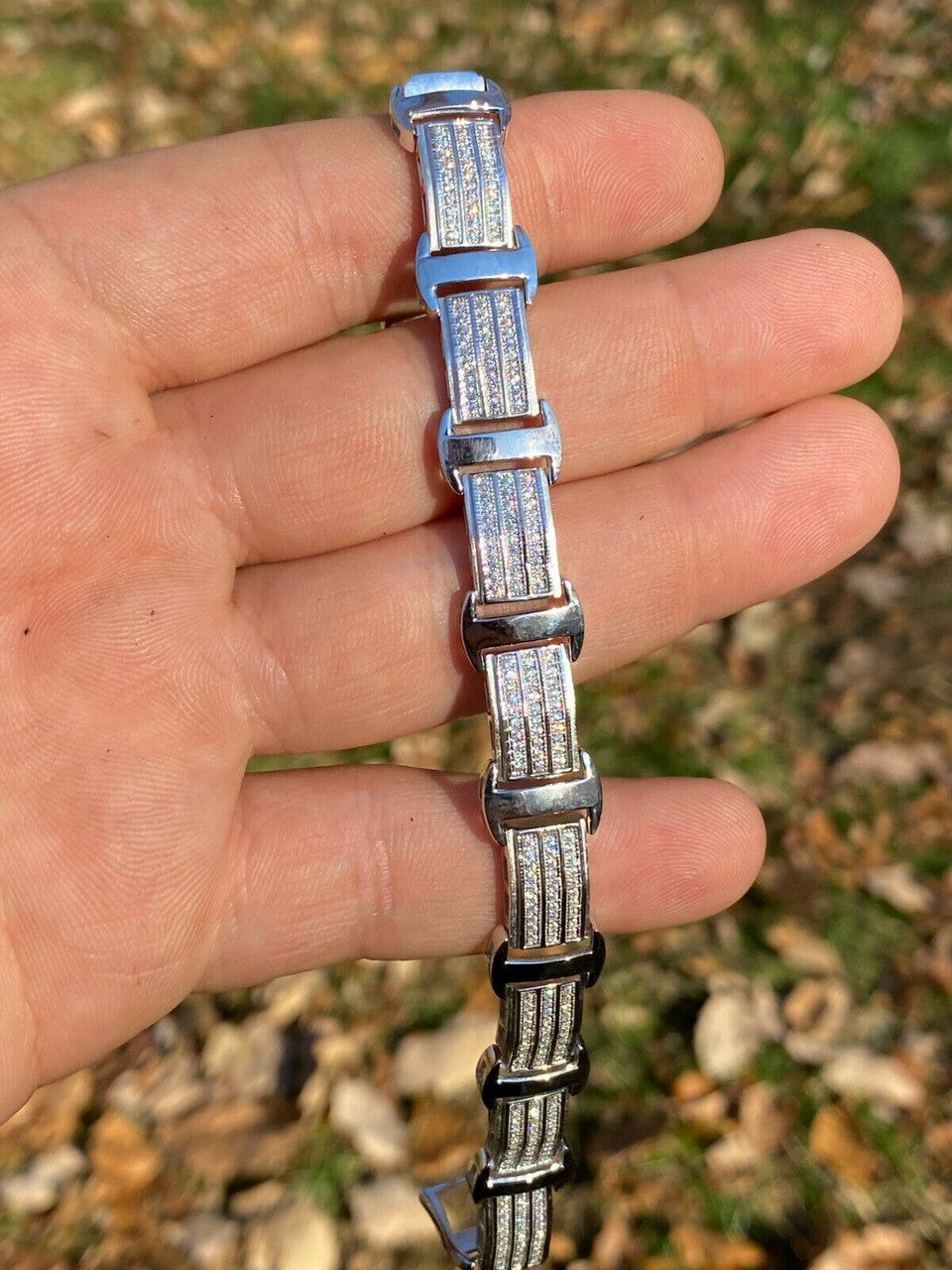 Italiano Silver, Inc Real Solid 925 Sterling Silver Mens Iced Presidential Bracelet Diamond Hip Hop