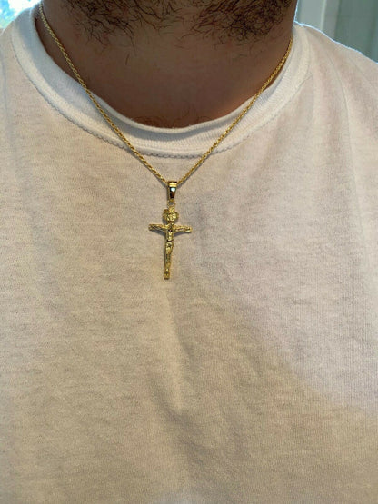 Italiano Silver, Inc Real Solid 925 Sterling Silver Plain Gold Cross Jesus Crucifix Pendant Necklace