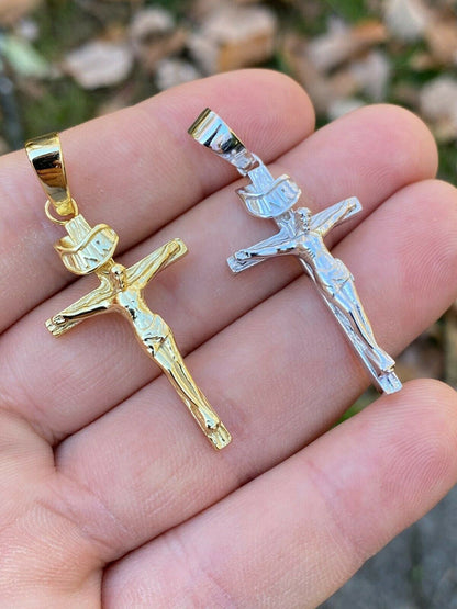 Italiano Silver, Inc Real Solid 925 Sterling Silver Plain Gold Cross Jesus Crucifix Pendant Necklace