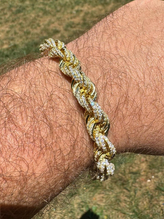 Italiano Silver, Inc. Rope Bracelet Iced Out CZ Stones - 14k Gold Vermeil 925 Silver - 9mm - 7.5"-8.5"
