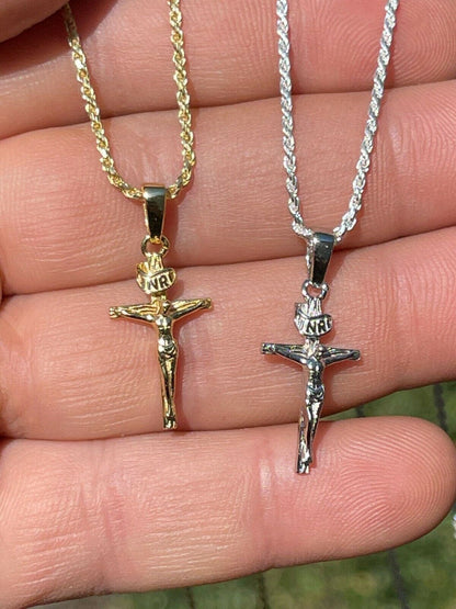 Italiano Silver, Inc Small 0.75 925 Sterling Silver Plain Gold Cross Jesus Crucifix Pendant Necklace