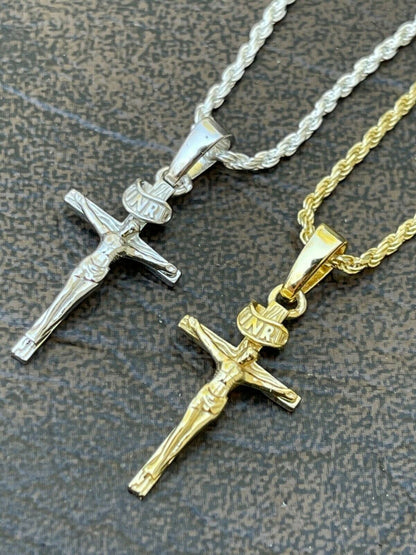 Italiano Silver, Inc Small 0.75 925 Sterling Silver Plain Gold Cross Jesus Crucifix Pendant Necklace