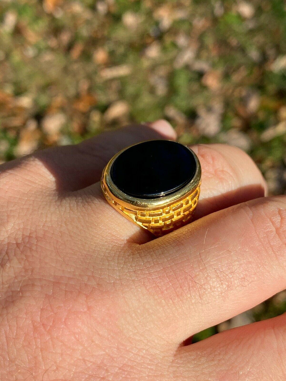 Italiano Silver, Inc Solid 14k Gold Over Real 925 Sterling Silver Black Onyx Stone Mens LARGE Ring