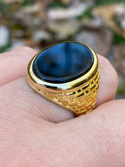 Italiano Silver, Inc Solid 14k Gold Over Real 925 Sterling Silver Black Onyx Stone Mens LARGE Ring
