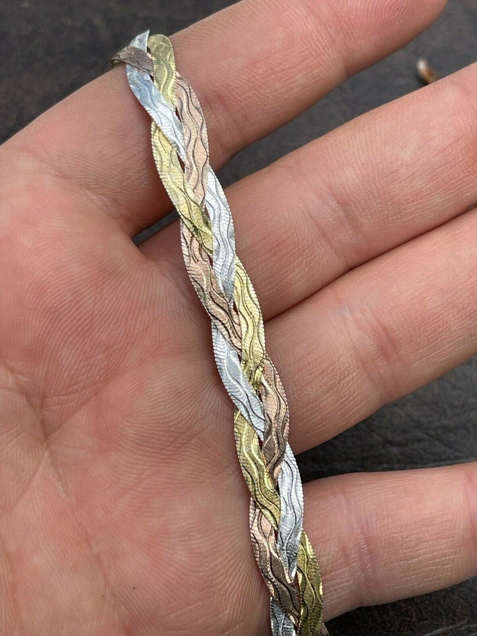Italiano Silver, Inc Solid 925 Silver Tri Color Yellow Rose Gold Braided Herringbone Bracelet 10mm
