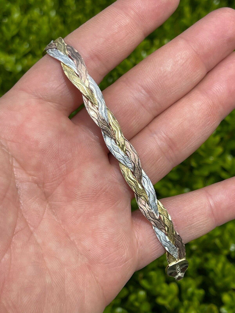 Italiano Silver, Inc Solid 925 Silver Tri Color Yellow Rose Gold Braided Herringbone Bracelet 10mm
