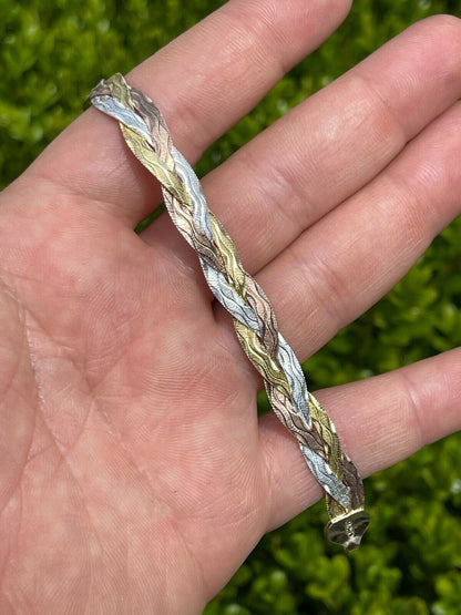 Italiano Silver, Inc Solid 925 Silver Tri Color Yellow Rose Gold Braided Herringbone Bracelet 10mm