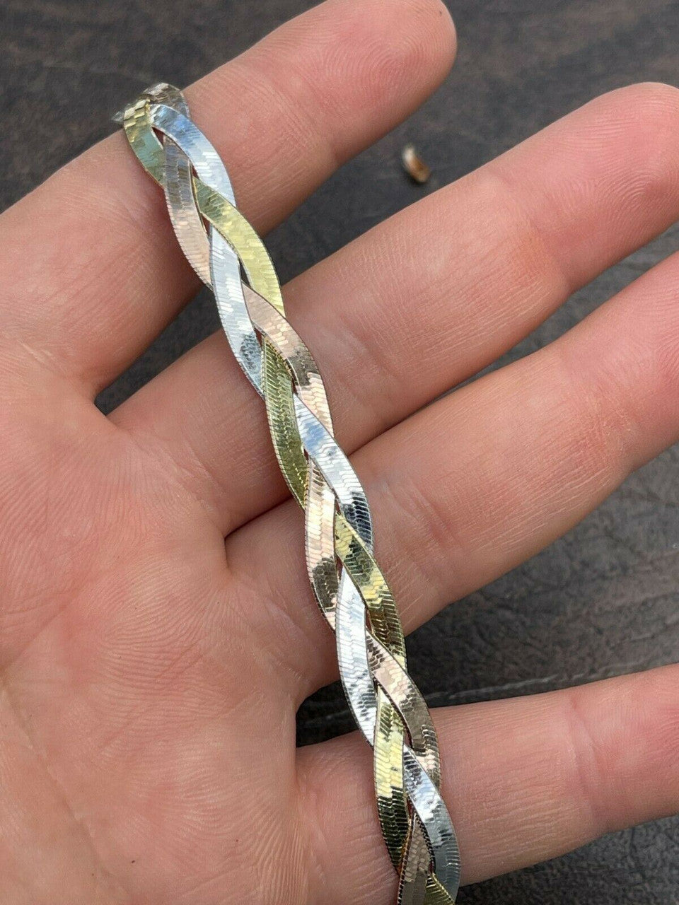 Italiano Silver, Inc Solid 925 Silver Tri Color Yellow Rose Gold Braided Herringbone Bracelet 10mm