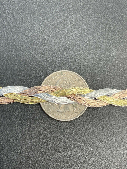 Italiano Silver, Inc Solid 925 Silver Tri Color Yellow Rose Gold Braided Herringbone Bracelet 10mm