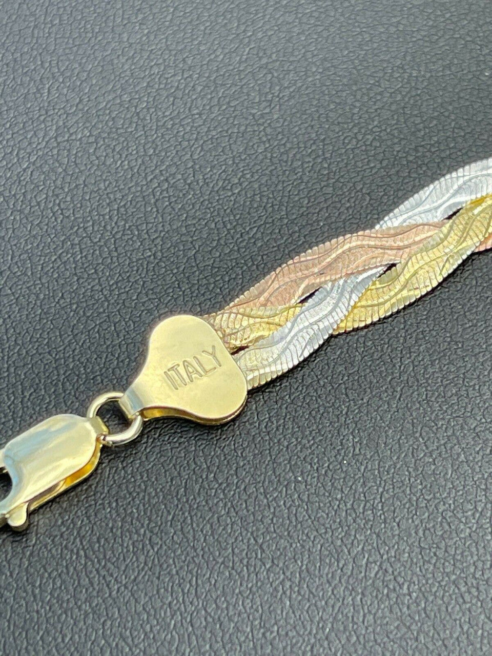 Italiano Silver, Inc Solid 925 Silver Tri Color Yellow Rose Gold Braided Herringbone Bracelet 10mm