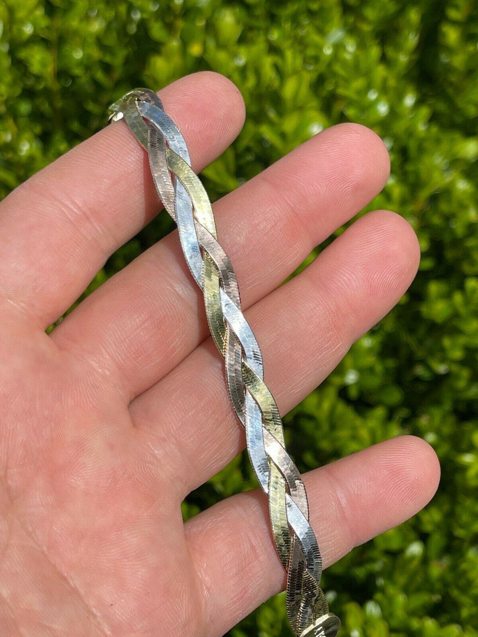 Italiano Silver, Inc Solid 925 Silver Tri Color Yellow Rose Gold Braided Herringbone Bracelet 10mm