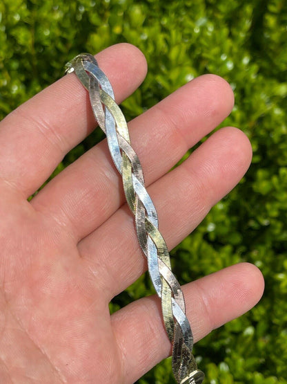 Italiano Silver, Inc Solid 925 Silver Tri Color Yellow Rose Gold Braided Herringbone Bracelet 10mm