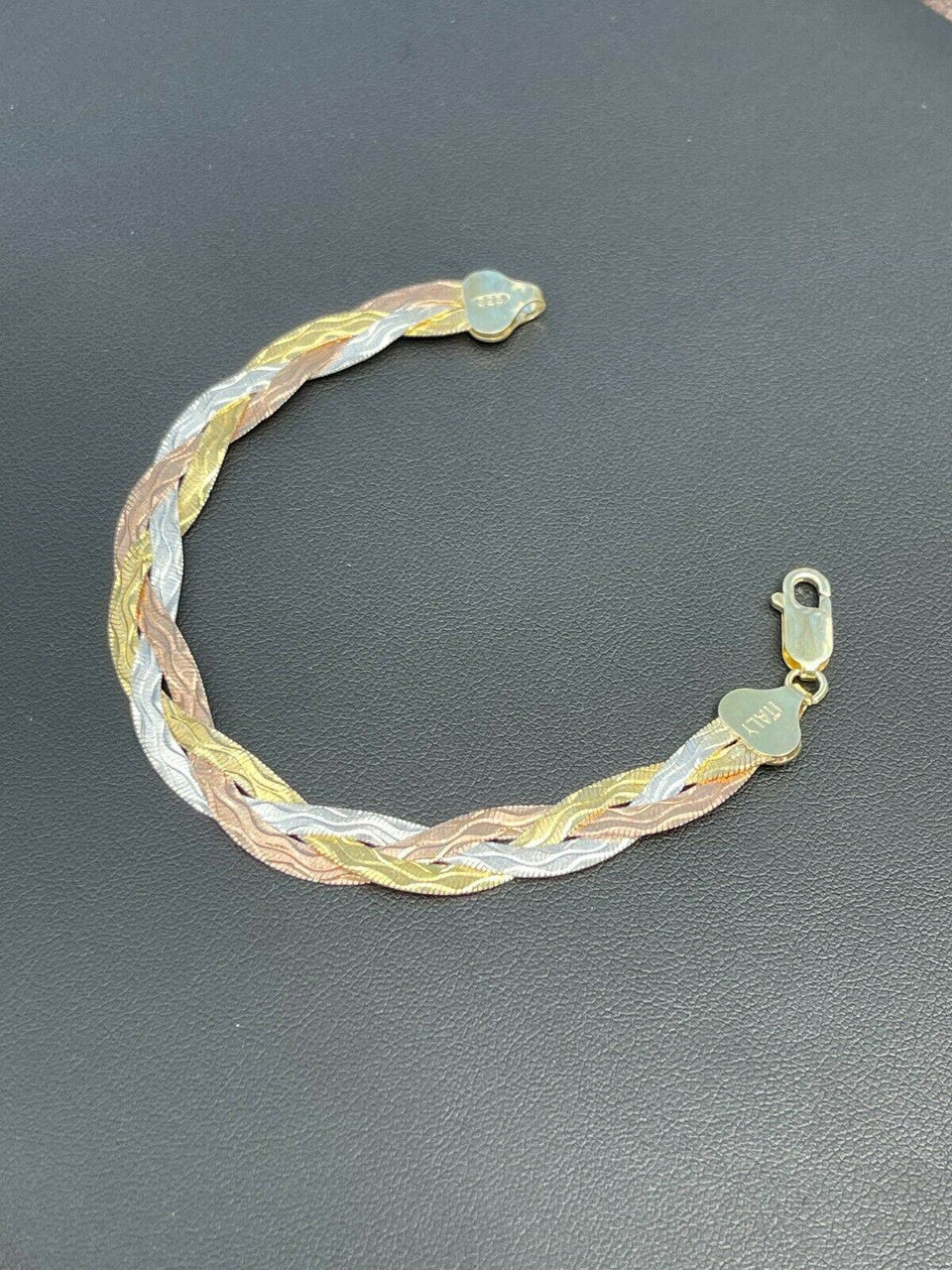 Italiano Silver, Inc Solid 925 Silver Tri Color Yellow Rose Gold Braided Herringbone Bracelet 10mm