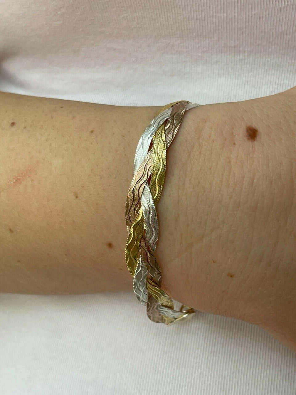 Italiano Silver, Inc Solid 925 Silver Tri Color Yellow Rose Gold Braided Herringbone Bracelet 10mm