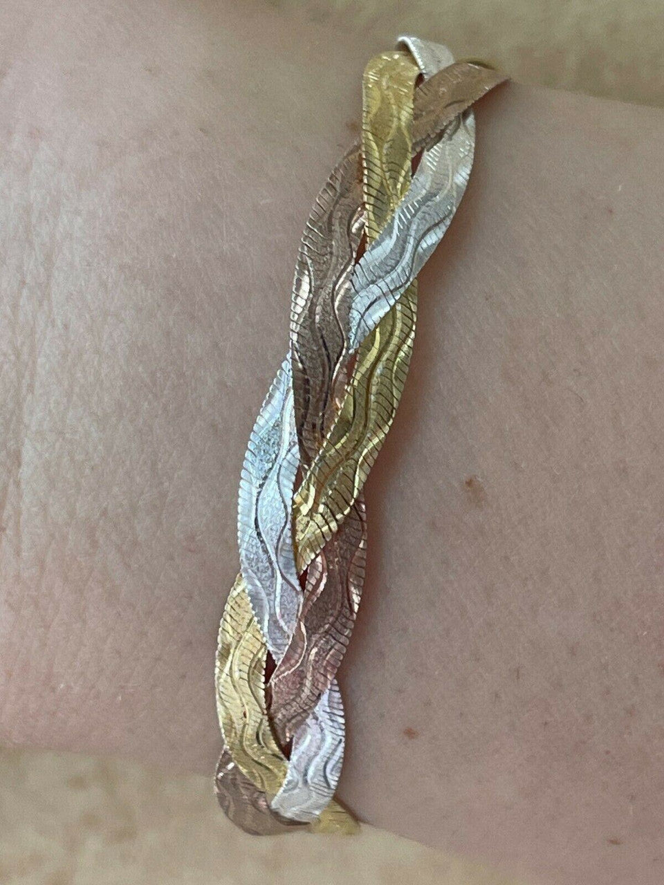 Italiano Silver, Inc Solid 925 Silver Tri Color Yellow Rose Gold Braided Herringbone Bracelet 10mm