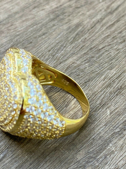 Italiano Silver, Inc Solid 925 Sterling Silver 14k Gold Finish Hip Hop Large Heart Iced Diamond Ring