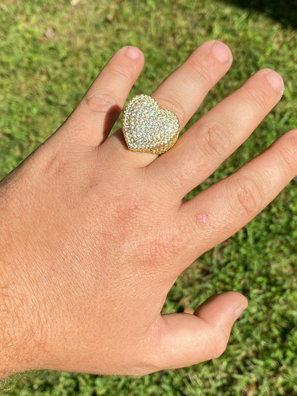 Italiano Silver, Inc Solid 925 Sterling Silver 14k Gold Finish Hip Hop Large Heart Iced Diamond Ring