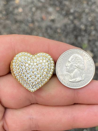 Italiano Silver, Inc Solid 925 Sterling Silver 14k Gold Finish Hip Hop Large Heart Iced Diamond Ring