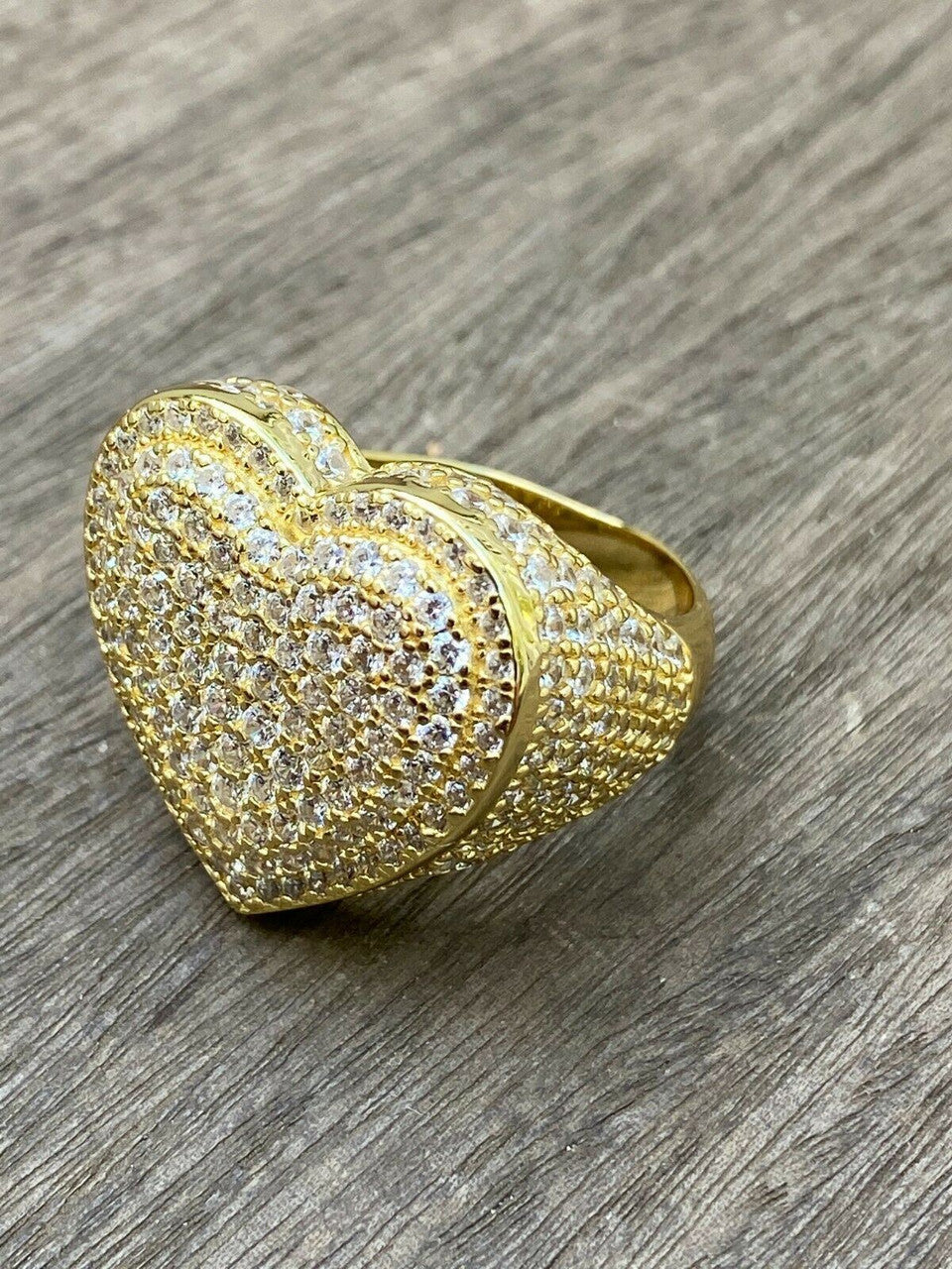 Italiano Silver, Inc Solid 925 Sterling Silver 14k Gold Finish Hip Hop Large Heart Iced Diamond Ring