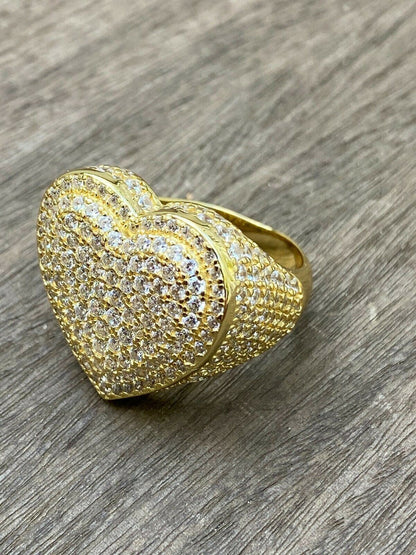 Italiano Silver, Inc Solid 925 Sterling Silver 14k Gold Finish Hip Hop Large Heart Iced Diamond Ring