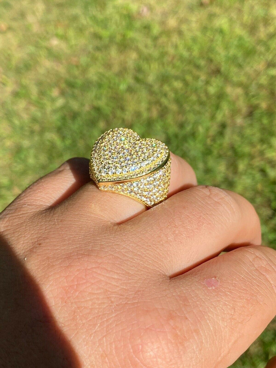 Italiano Silver, Inc Solid 925 Sterling Silver 14k Gold Finish Hip Hop Large Heart Iced Diamond Ring