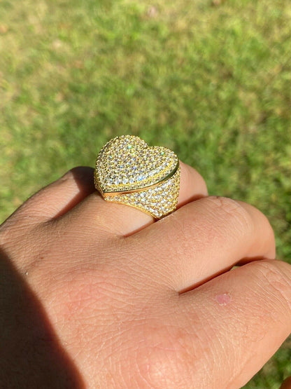 Italiano Silver, Inc Solid 925 Sterling Silver 14k Gold Finish Hip Hop Large Heart Iced Diamond Ring