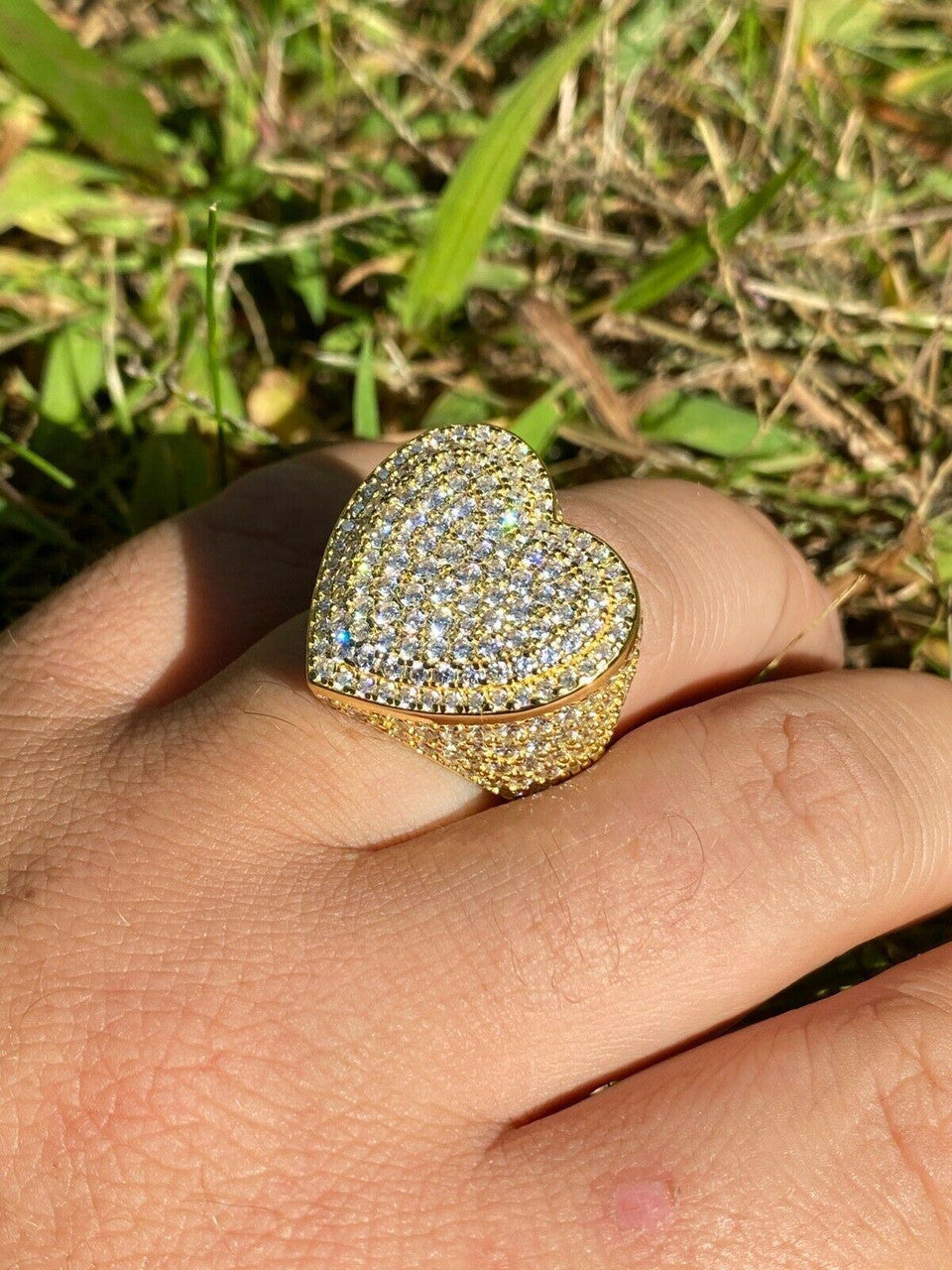 Italiano Silver, Inc Solid 925 Sterling Silver 14k Gold Finish Hip Hop Large Heart Iced Diamond Ring