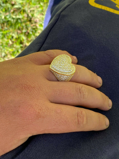 Italiano Silver, Inc Solid 925 Sterling Silver 14k Gold Finish Hip Hop Large Heart Iced Diamond Ring