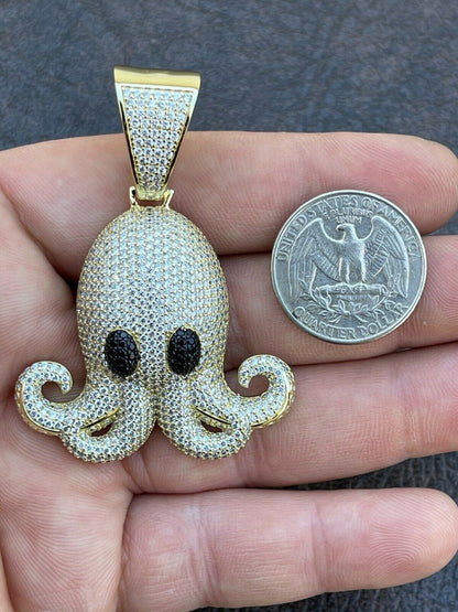 Italiano Silver, Inc Solid 925 Sterling Silver 14K Gold Octopus Emoji Pendant Diamond Hip Hop Iced