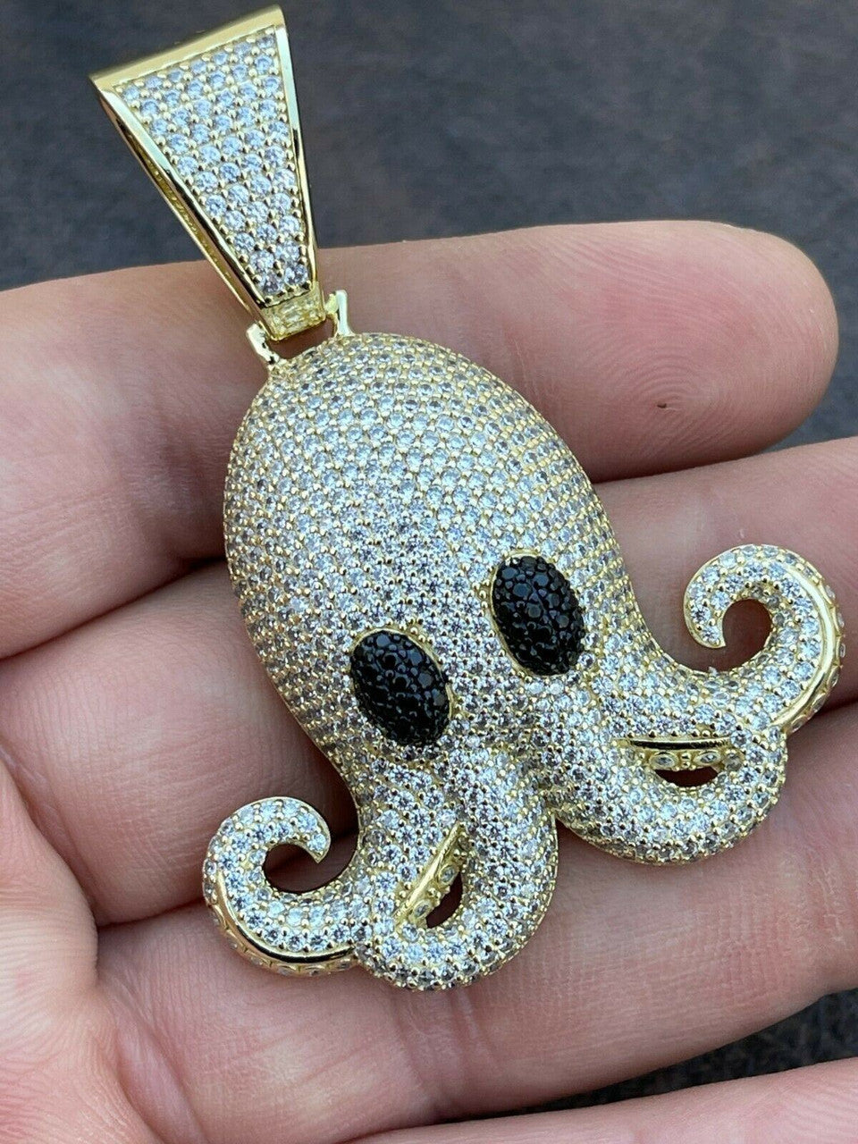 Italiano Silver, Inc Solid 925 Sterling Silver 14K Gold Octopus Emoji Pendant Diamond Hip Hop Iced