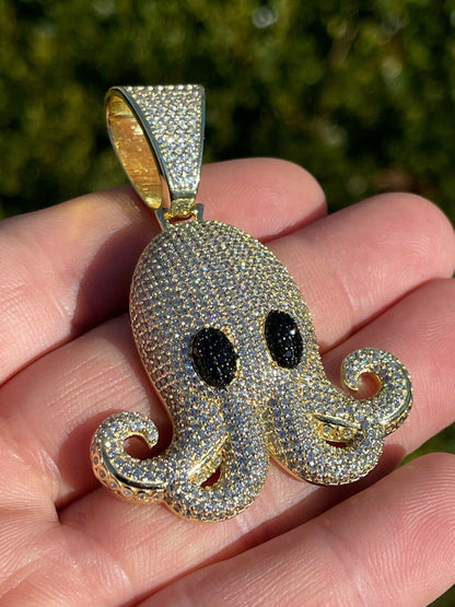 Italiano Silver, Inc Solid 925 Sterling Silver 14K Gold Octopus Emoji Pendant Diamond Hip Hop Iced