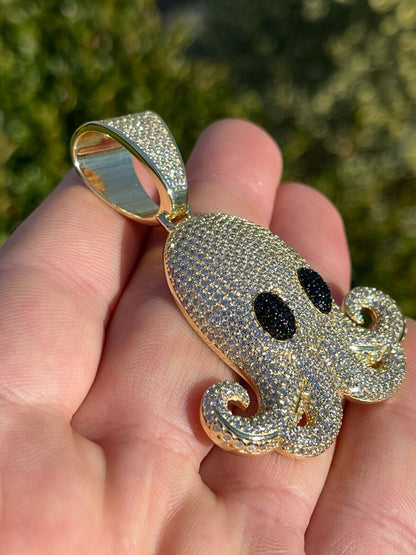 Italiano Silver, Inc Solid 925 Sterling Silver 14K Gold Octopus Emoji Pendant Diamond Hip Hop Iced