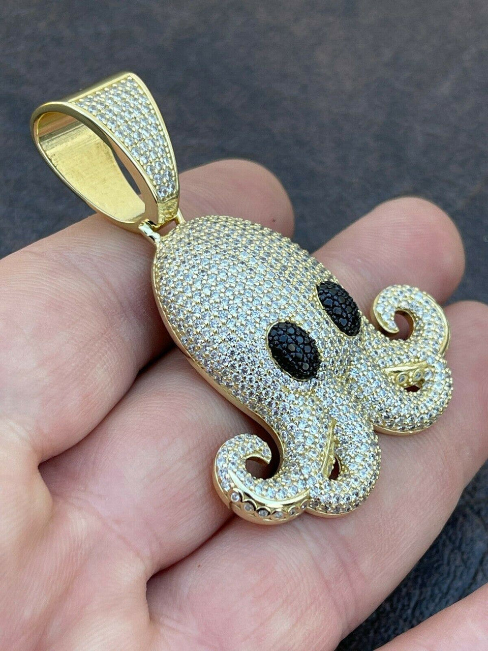 Italiano Silver, Inc Solid 925 Sterling Silver 14K Gold Octopus Emoji Pendant Diamond Hip Hop Iced